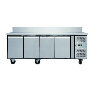 Table réfrigérée adossée 4 portes 700 avec roues