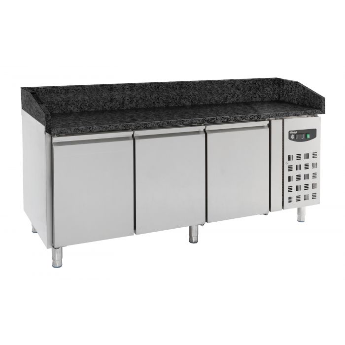 Table à pizza Polar U-Series 3 portes avec plan de travail en granit 634 litres sur roulettes