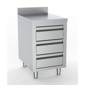 Meuble inox 3 tiroirs avec dosseret 600